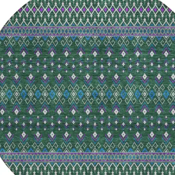 8' Green Blue And Purple Round Tribal Washable Indoor Outdoor Area Rug