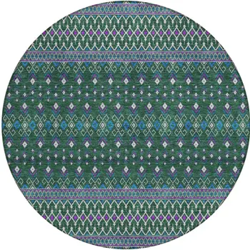 8' Green Blue And Purple Round Tribal Washable Indoor Outdoor Area Rug