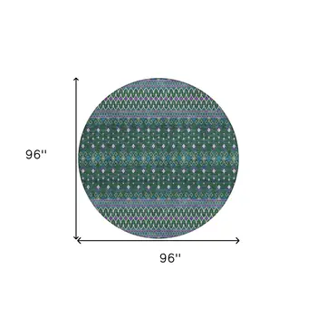 8' Green Blue And Purple Round Tribal Washable Indoor Outdoor Area Rug