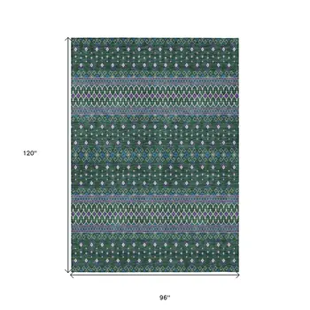 8' X 10' Green Blue And Purple Tribal Washable Indoor Outdoor Area Rug