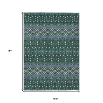 9' X 12' Green Blue And Purple Tribal Washable Indoor Outdoor Area Rug