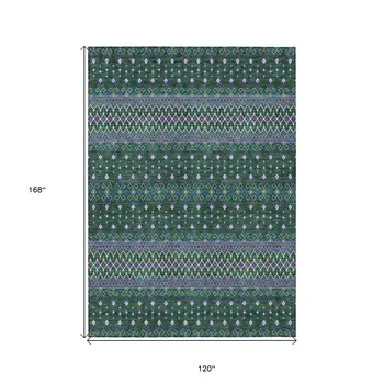 10' X 14' Green Blue And Purple Tribal Washable Indoor Outdoor Area Rug