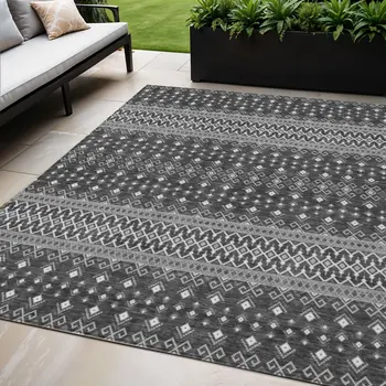 5' X 8' Gray Silver And Charcoal Tribal Washable Indoor Outdoor Area Rug
