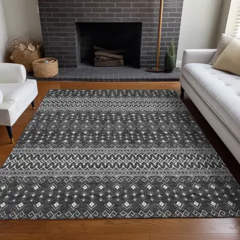 5' X 8' Gray Silver And Charcoal Tribal Washable Indoor Outdoor Area Rug