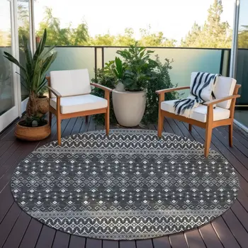 8' Gray Silver And Charcoal Round Tribal Washable Indoor Outdoor Area Rug
