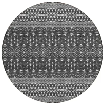 8' Gray Silver And Charcoal Round Tribal Washable Indoor Outdoor Area Rug
