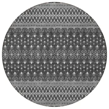 8' Gray Silver And Charcoal Round Tribal Washable Indoor Outdoor Area Rug