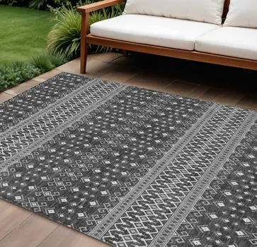8' X 10' Gray Silver And Charcoal Tribal Washable Indoor Outdoor Area Rug