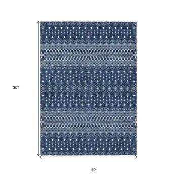 5' X 8' Navy Blue And Denim Blue Tribal Washable Indoor Outdoor Area Rug