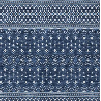 5' X 8' Navy Blue And Denim Blue Tribal Washable Indoor Outdoor Area Rug