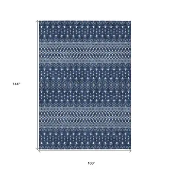 9' X 12' Navy Blue And Denim Blue Tribal Washable Indoor Outdoor Area Rug