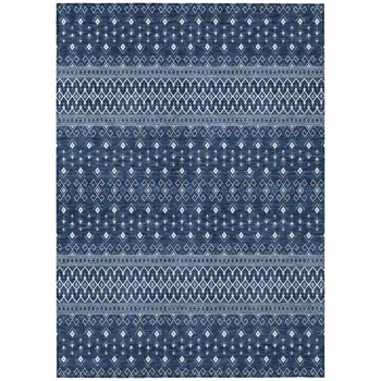 9' X 12' Navy Blue And Denim Blue Tribal Washable Indoor Outdoor Area Rug