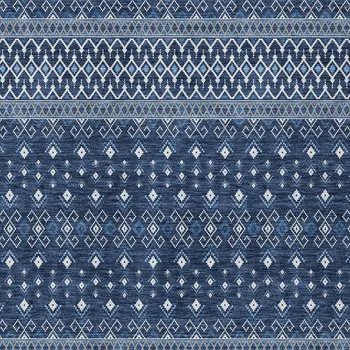 9' X 12' Navy Blue And Denim Blue Tribal Washable Indoor Outdoor Area Rug