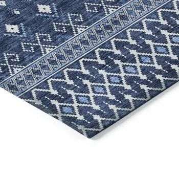 9' X 12' Navy Blue And Denim Blue Tribal Washable Indoor Outdoor Area Rug
