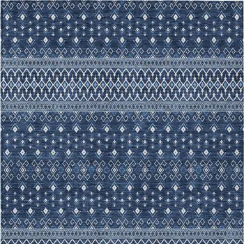 9' X 12' Navy Blue And Denim Blue Tribal Washable Indoor Outdoor Area Rug