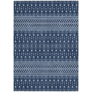 10' X 14' Navy Blue And Denim Blue Tribal Washable Indoor Outdoor Area Rug