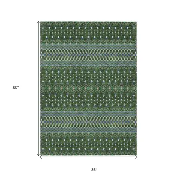 3' X 5' Olive Green And Blue Tribal Washable Indoor Outdoor Area Rug