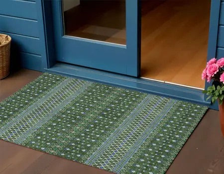 3' X 5' Olive Green And Blue Tribal Washable Indoor Outdoor Area Rug