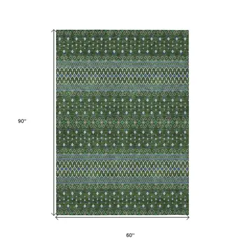 5' X 8' Olive Green And Blue Tribal Washable Indoor Outdoor Area Rug