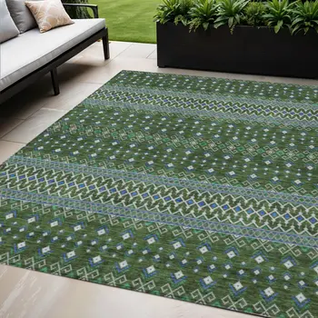 5' X 8' Olive Green And Blue Tribal Washable Indoor Outdoor Area Rug