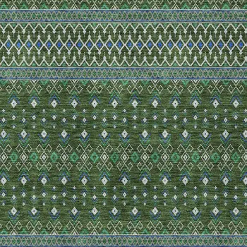 5' X 8' Olive Green And Blue Tribal Washable Indoor Outdoor Area Rug