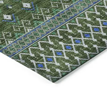 5' X 8' Olive Green And Blue Tribal Washable Indoor Outdoor Area Rug