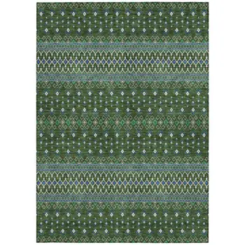 5' X 8' Olive Green And Blue Tribal Washable Indoor Outdoor Area Rug