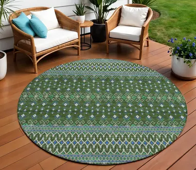 8' Olive Green And Blue Round Tribal Washable Indoor Outdoor Area Rug