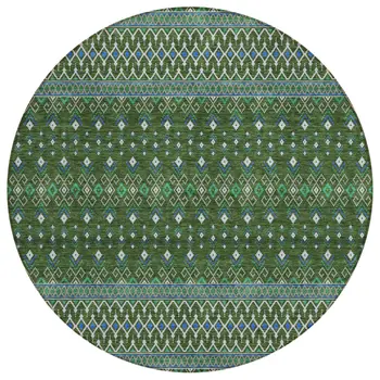 8' Olive Green And Blue Round Tribal Washable Indoor Outdoor Area Rug