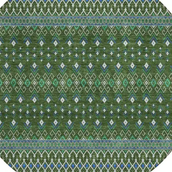 8' Olive Green And Blue Round Tribal Washable Indoor Outdoor Area Rug