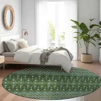 8' Olive Green And Blue Round Tribal Washable Indoor Outdoor Area Rug