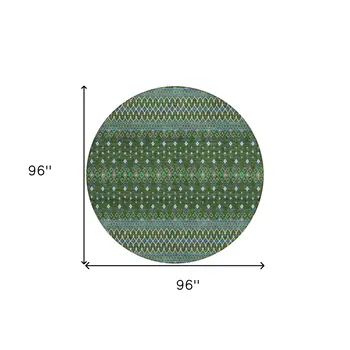 8' Olive Green And Blue Round Tribal Washable Indoor Outdoor Area Rug