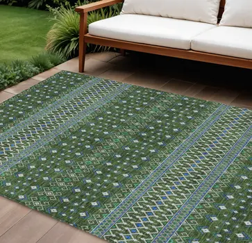 9' X 12' Olive Green And Blue Tribal Washable Indoor Outdoor Area Rug