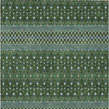 9' X 12' Olive Green And Blue Tribal Washable Indoor Outdoor Area Rug