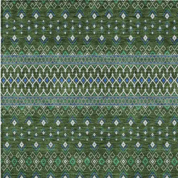 10' X 14' Olive Green And Blue Tribal Washable Indoor Outdoor Area Rug
