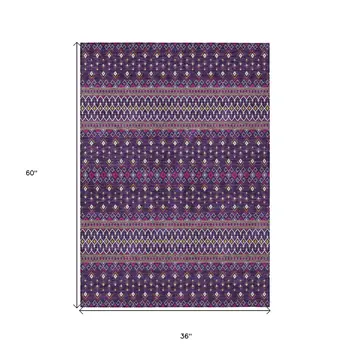3' X 5' Purple Pink And Yellow Tribal Washable Indoor Outdoor Area Rug