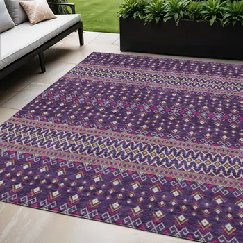 5' X 8' Purple Pink And Yellow Tribal Washable Indoor Outdoor Area Rug