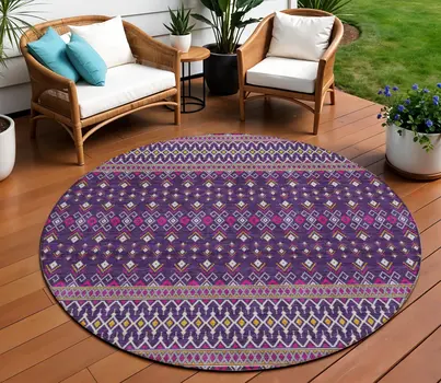8' Purple Pink And Yellow Round Tribal Washable Indoor Outdoor Area Rug