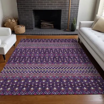 8' X 10' Purple Pink And Yellow Tribal Washable Indoor Outdoor Area Rug