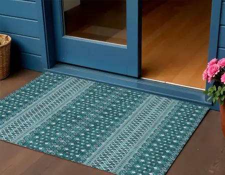 3' X 5' Teal Blue Aqua And Ivory Tribal Washable Indoor Outdoor Area Rug