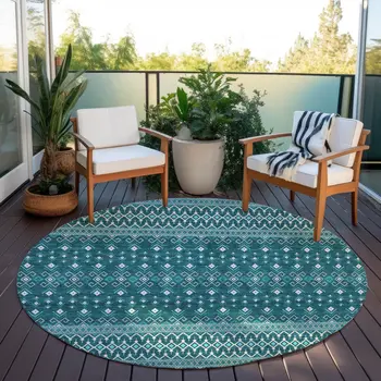 8' Teal Blue Aqua And Ivory Round Tribal Washable Indoor Outdoor Area Rug