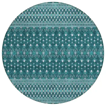 8' Teal Blue Aqua And Ivory Round Tribal Washable Indoor Outdoor Area Rug