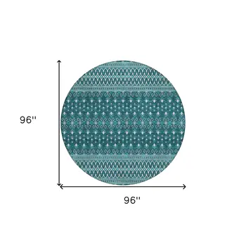 8' Teal Blue Aqua And Ivory Round Tribal Washable Indoor Outdoor Area Rug