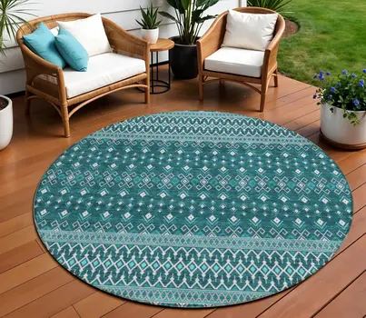 8' Teal Blue Aqua And Ivory Round Tribal Washable Indoor Outdoor Area Rug