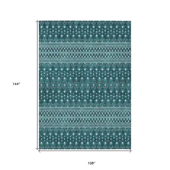 9' X 12' Teal Blue Aqua And Ivory Tribal Washable Indoor Outdoor Area Rug