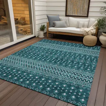 9' X 12' Teal Blue Aqua And Ivory Tribal Washable Indoor Outdoor Area Rug
