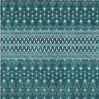 9' X 12' Teal Blue Aqua And Ivory Tribal Washable Indoor Outdoor Area Rug