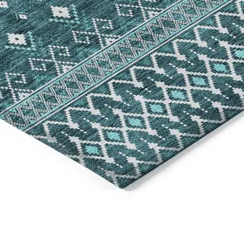 9' X 12' Teal Blue Aqua And Ivory Tribal Washable Indoor Outdoor Area Rug