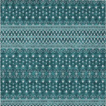 9' X 12' Teal Blue Aqua And Ivory Tribal Washable Indoor Outdoor Area Rug