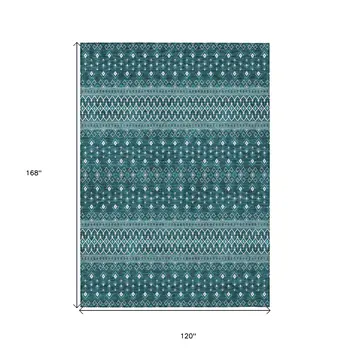 10' X 14' Teal Blue Aqua And Ivory Tribal Washable Indoor Outdoor Area Rug
